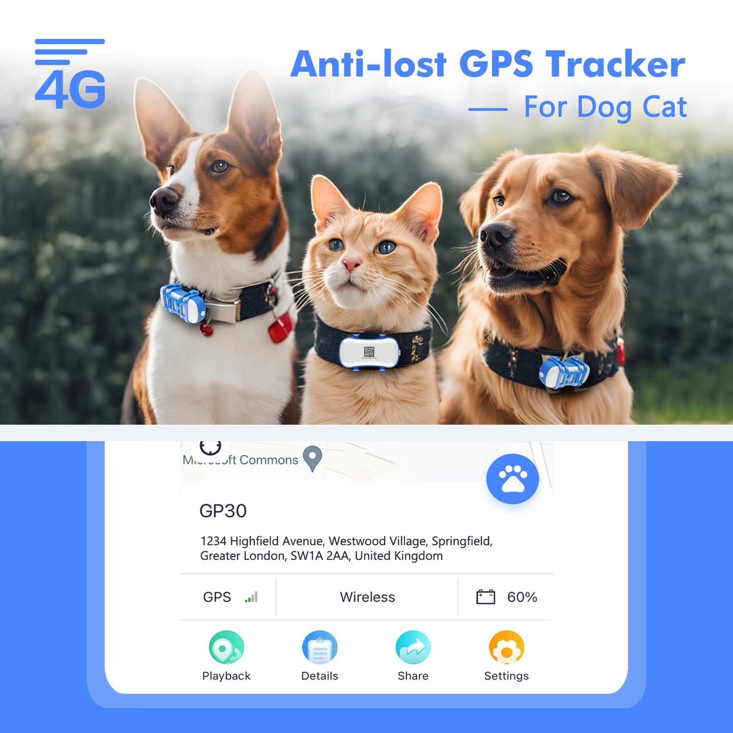 4G Waterproof GPS Tracker for Dogs and Cats - Smart Pet Locator with Live Tracking, Light/Sound Search, and Free Trial