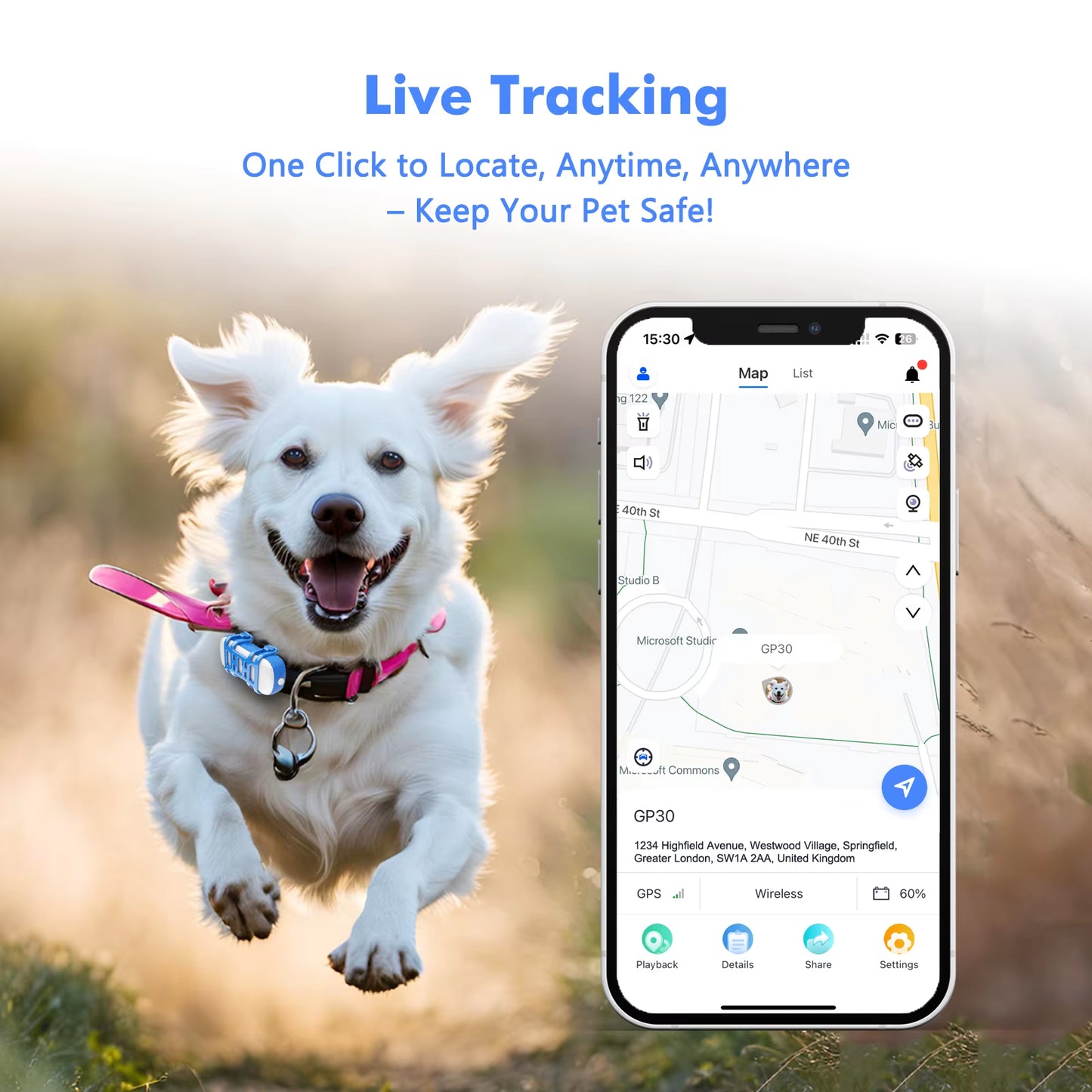 4G Waterproof GPS Tracker for Dogs and Cats - Smart Pet Locator with Live Tracking, Light/Sound Search, and Free Trial