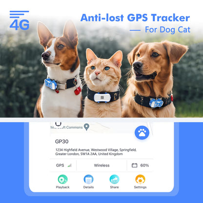 4G Waterproof GPS Tracker for Dogs and Cats - Smart Pet Locator with Live Tracking, Light/Sound Search, and Free Trial
